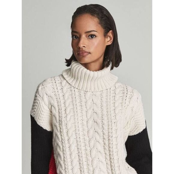 Reiss JAN COLOUR BLOCK CABLE KNIT ROLL-NECK JUMPER M - Picture 2 of 11